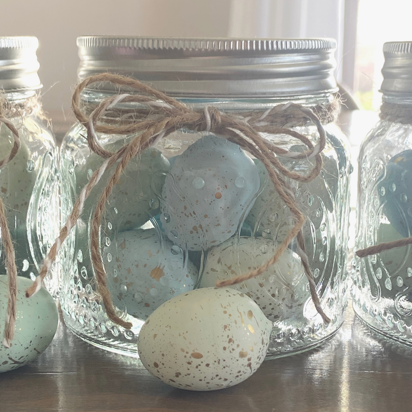 Speckled Blue & Green Bird Eggs Vintage Inspired Glass Container for Summer Decor