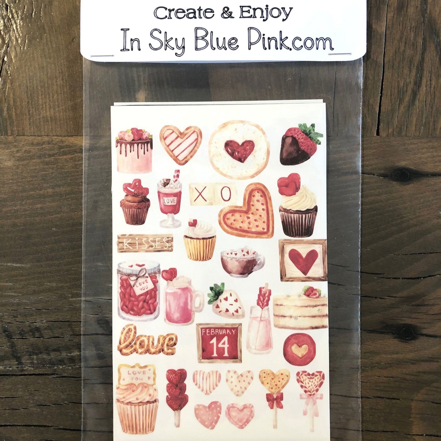 Valentine Hearts & Desserts Watercolor Stickers. Waterproof, 50-count