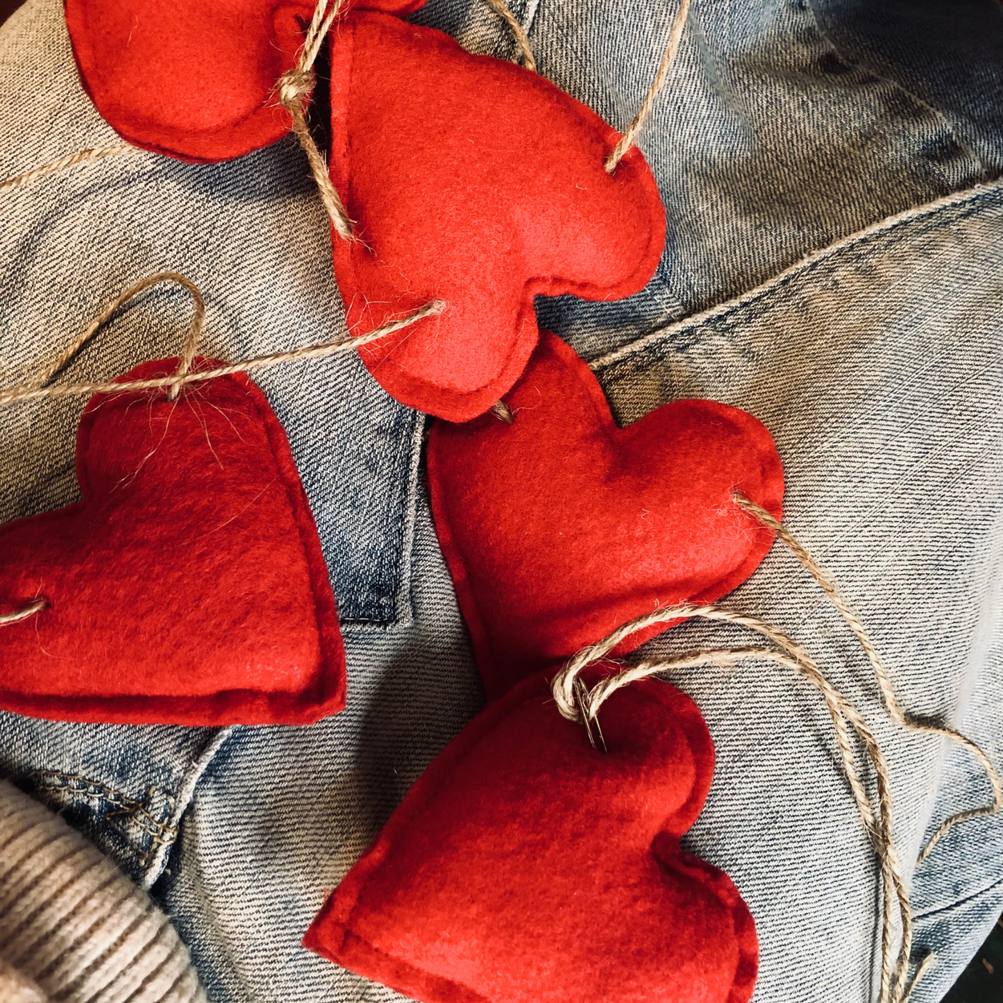 Felted Red Hearts Garland on Jute Twine-5 foot