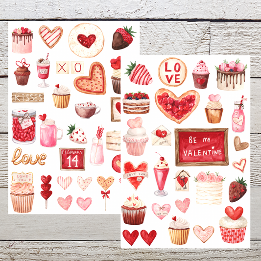 Valentine Hearts & Desserts Watercolor Stickers. Waterproof, 50-count